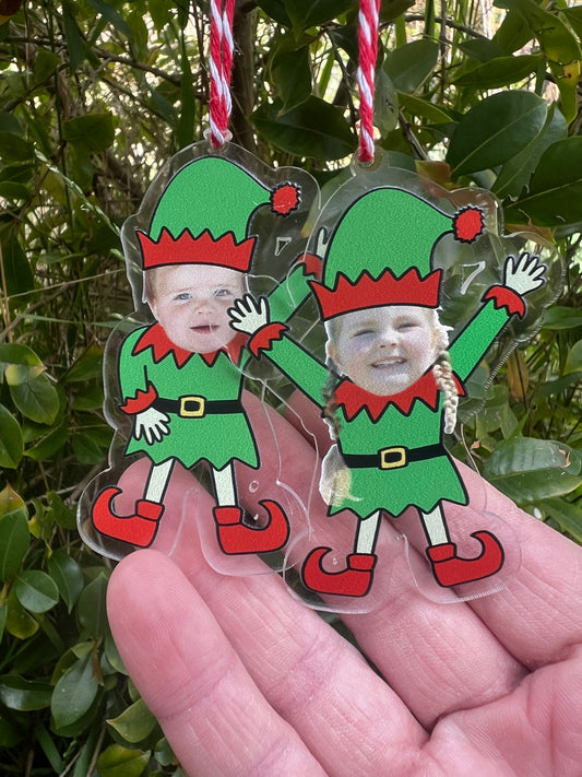 Personalised elf face photo ornament