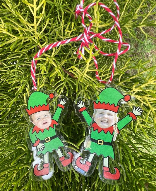 Personalised elf face photo ornament